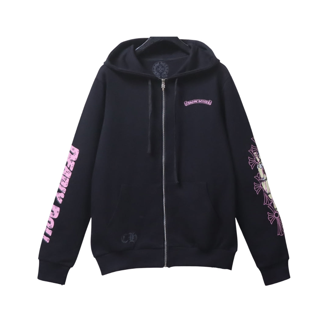 CHROME HEARTS Felpa Nera con Stampe Rosa e Croce