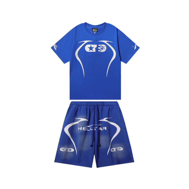 Hellstar Graphic Print Shorts and Tee Blue