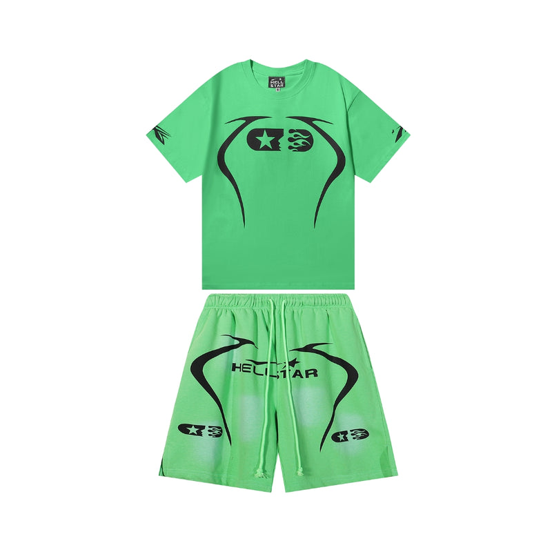 Hellstar Graphic Print Shorts and Tee Green