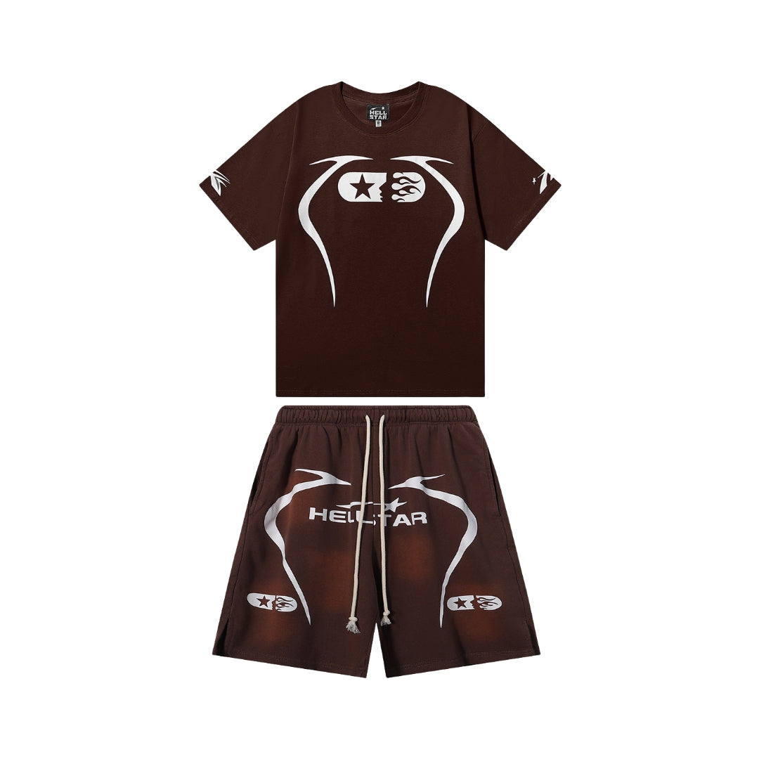 Hellstar Graphic Print Shorts and Tee Brown