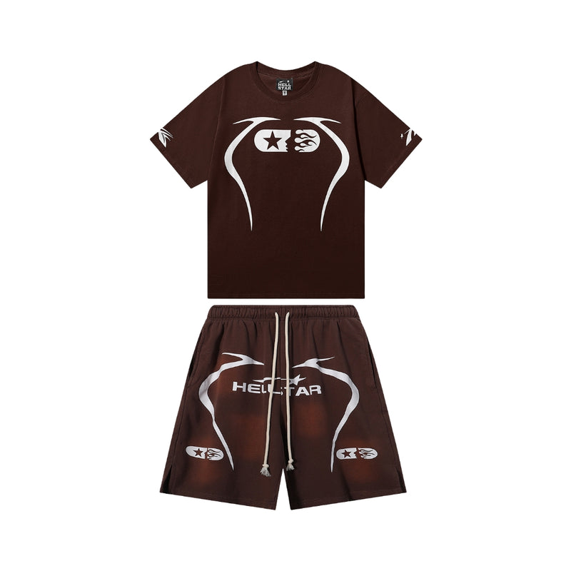 Hellstar Graphic Print Shorts and Tee Brown