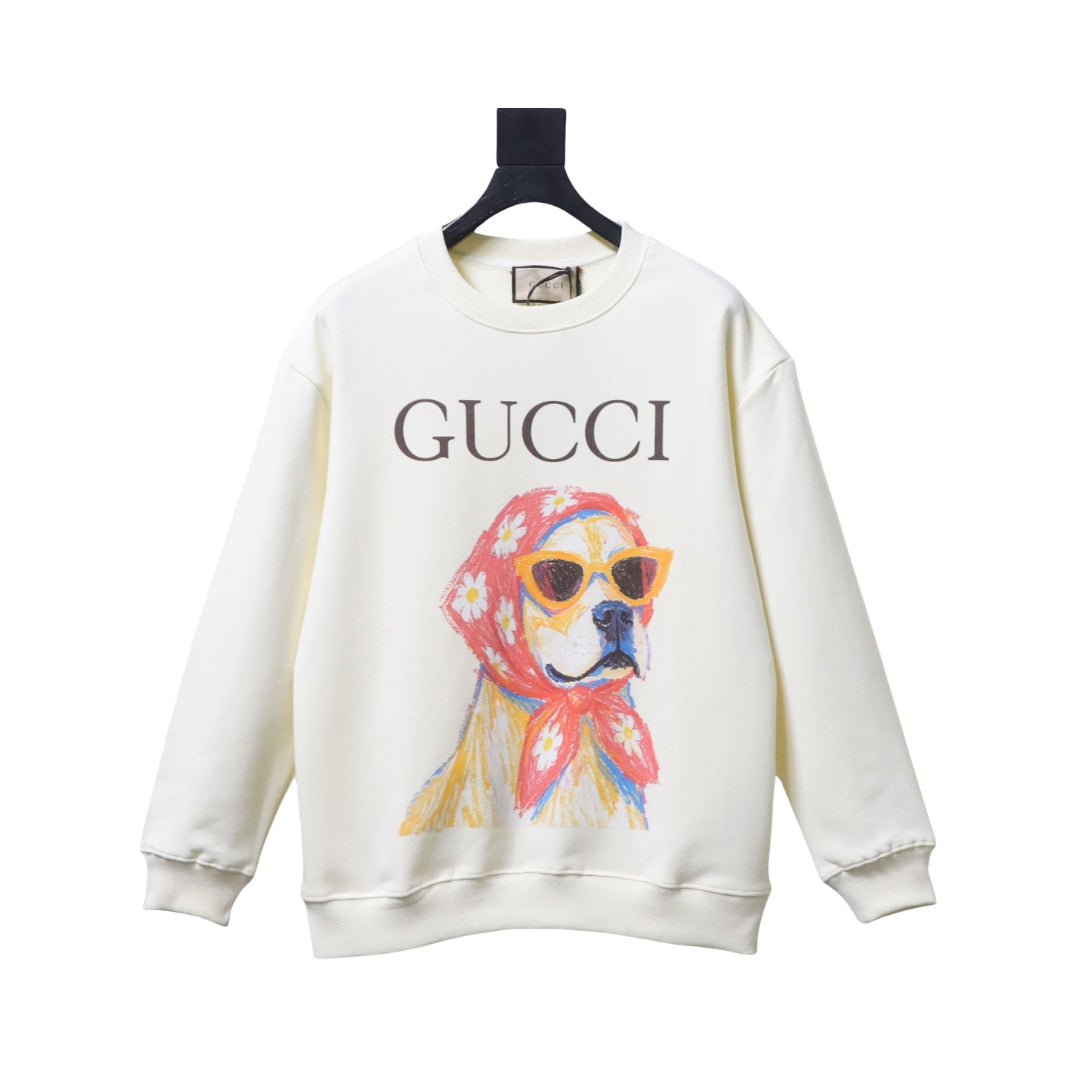 GUCCI Felpa Girocollo Panna Con Grafica Cane Rosa