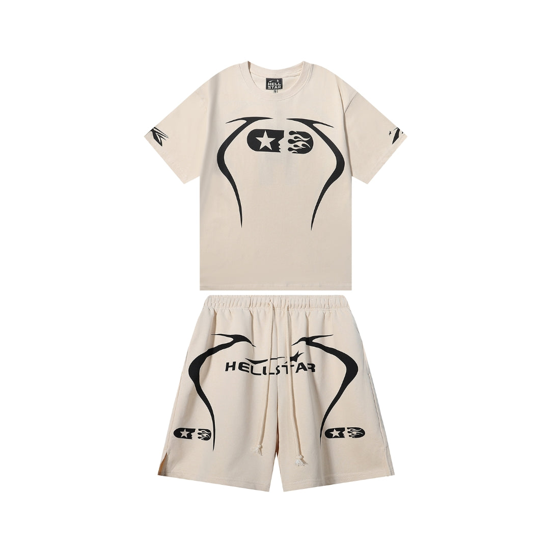 Hellstar Graphic Print Shorts and Tee Beige