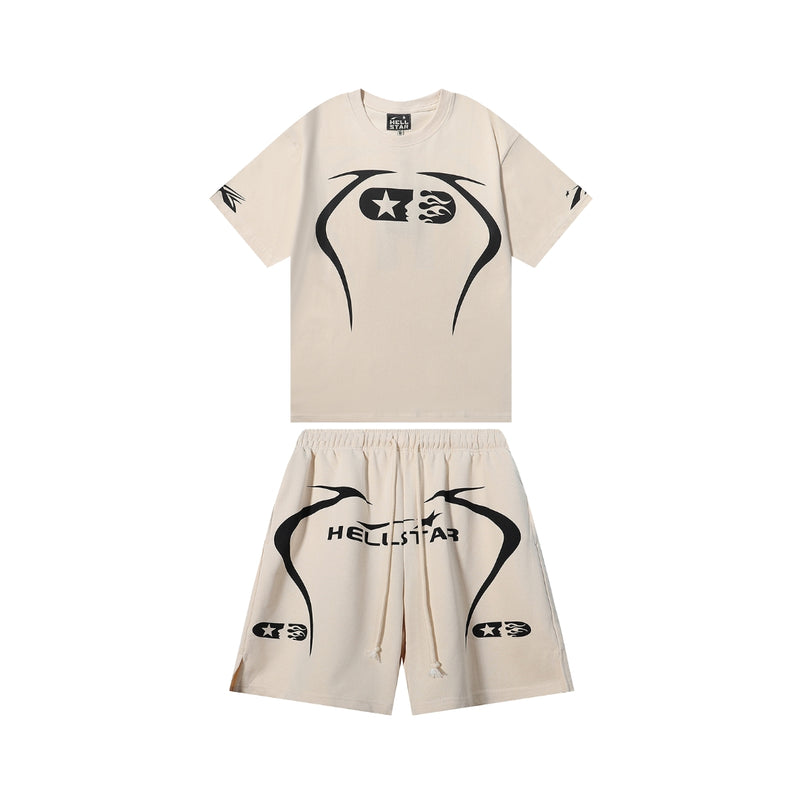 Hellstar Graphic Print Shorts and Tee Beige