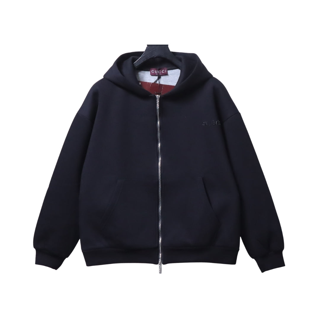 GUCCI Felpa Nera con Zip e Ricamo