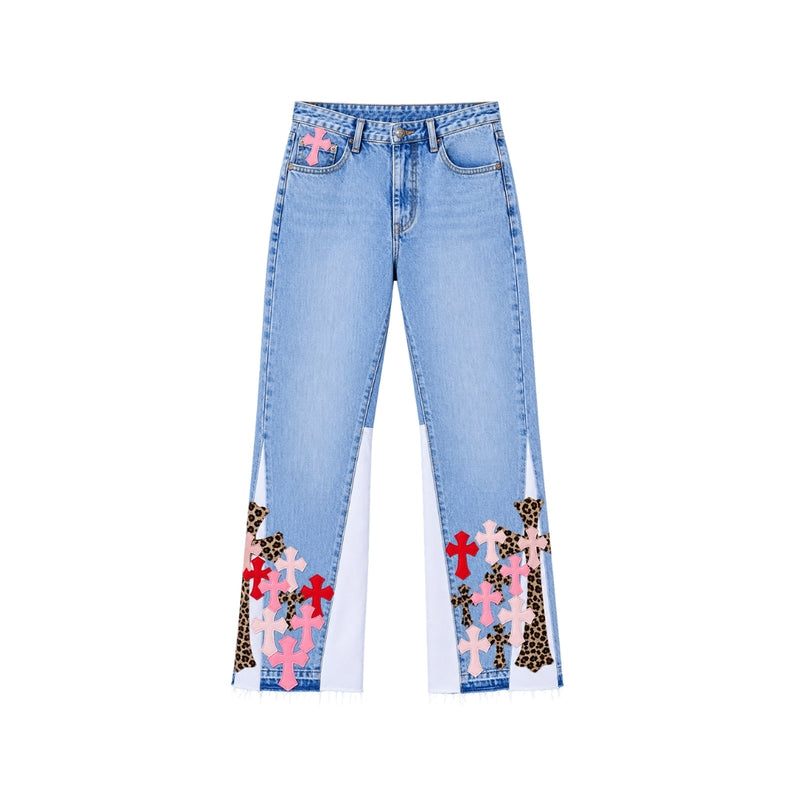 CHROME HEARTS Jeans svasati azzurri con patch colorate