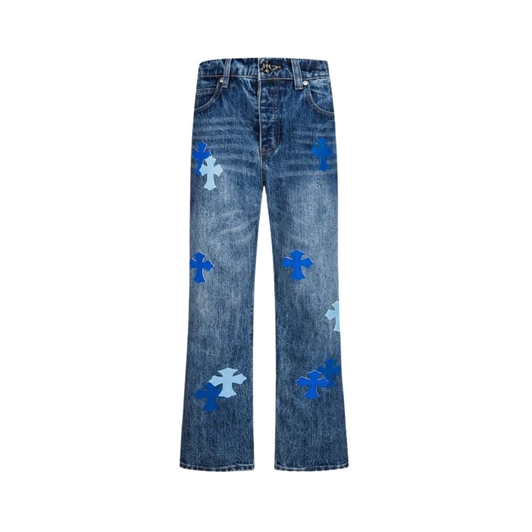 CHROME HEARTS Jeans blu con patch a croce