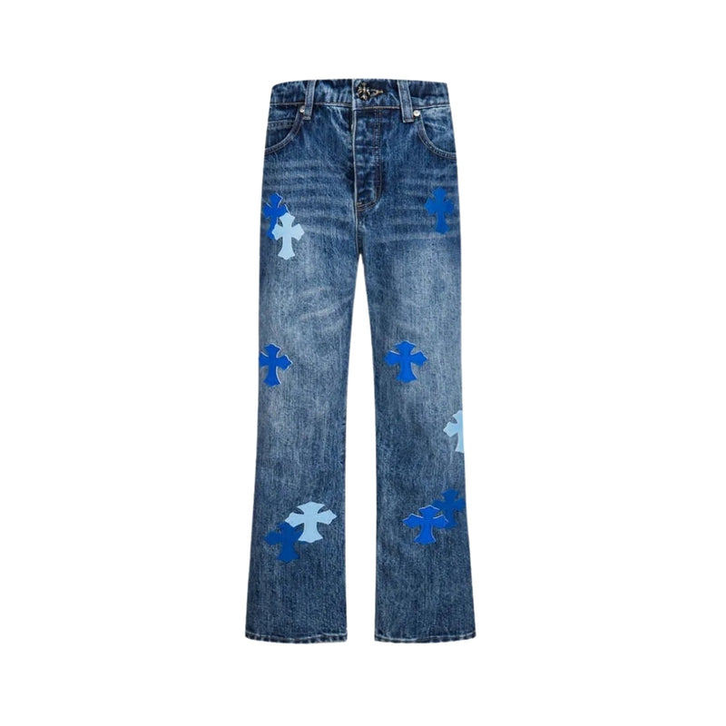 CHROME HEARTS Jeans blu con patch a croce