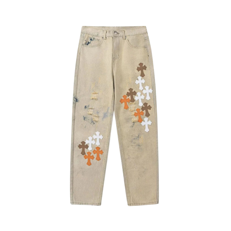 CHROME HEARTS Jeans Beige con Patch Croce Multicolore