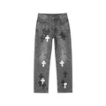 CHROME HEARTS Black & White Cross Patch Flame Knee Jeans