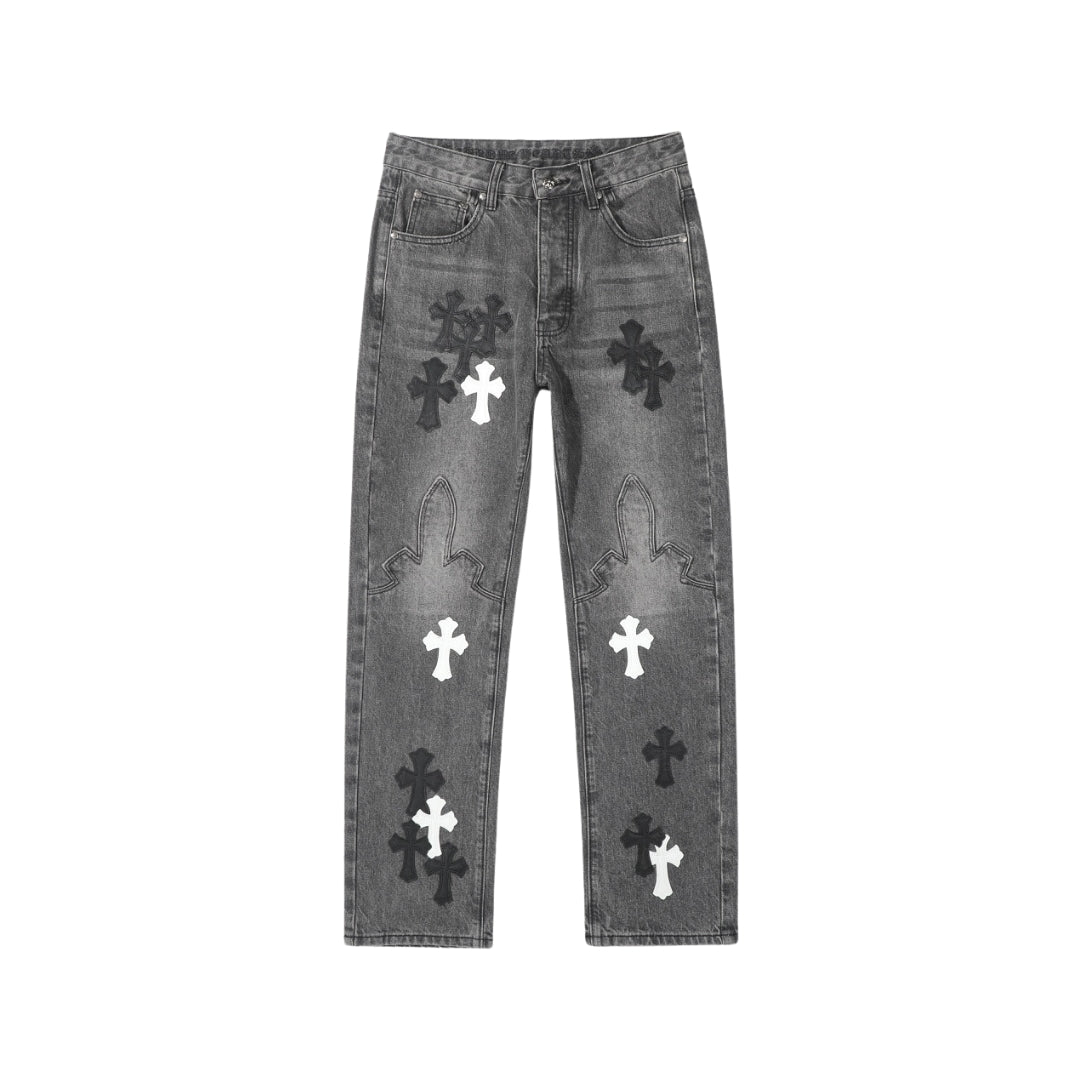 CHROME HEARTS Black & White Cross Patch Flame Knee Jeans
