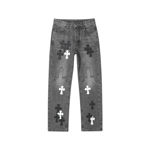 CHROME HEARTS Black & White Cross Patch Flame Knee Jeans