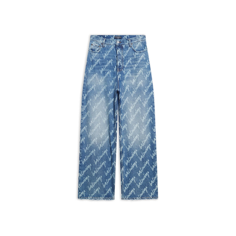 BALENCIAGA All Over Logo Large Fit Denim Trousers Indigo/White