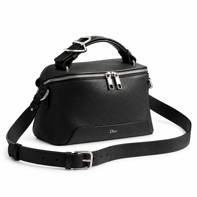 Dior Dior Archie Zipped Bag with Strap Black Grained Calfskin