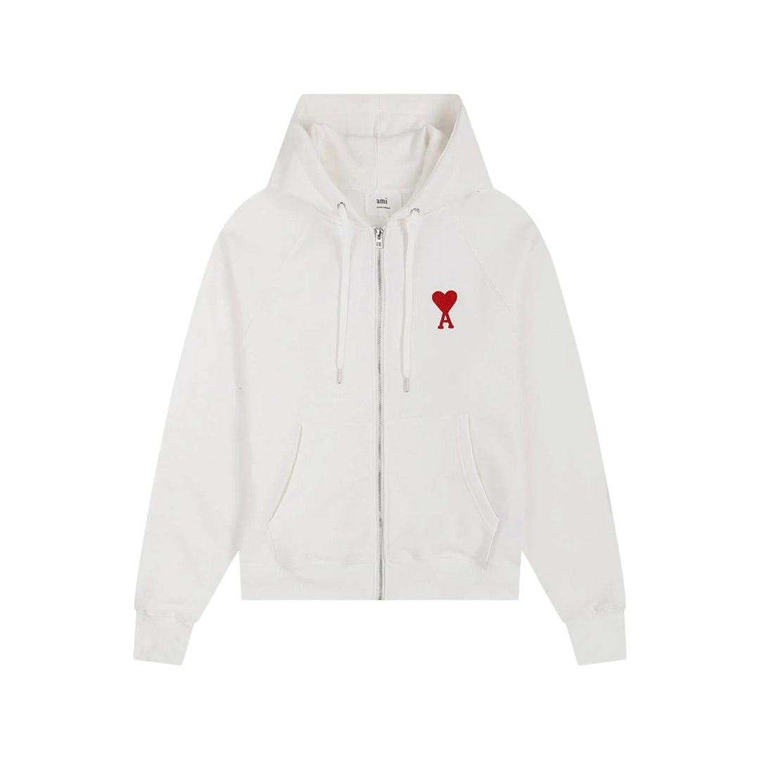 AMI Paris Hoodie Zip Up White/Red Logo
