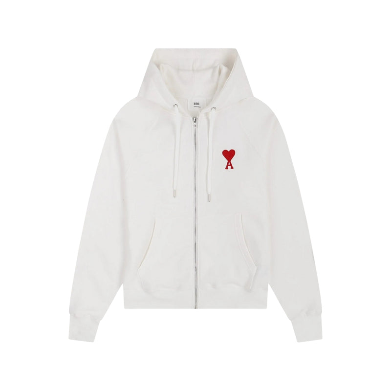 AMI Paris Hoodie Zip Up White/Red Logo