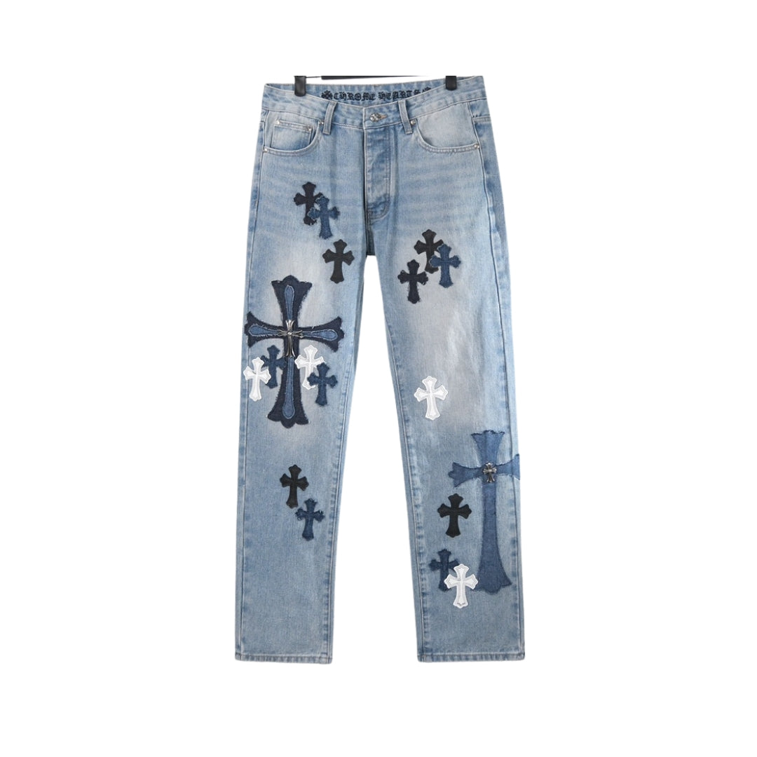Chrome Hearts Blu Con Patchwork A Croce Multicolore