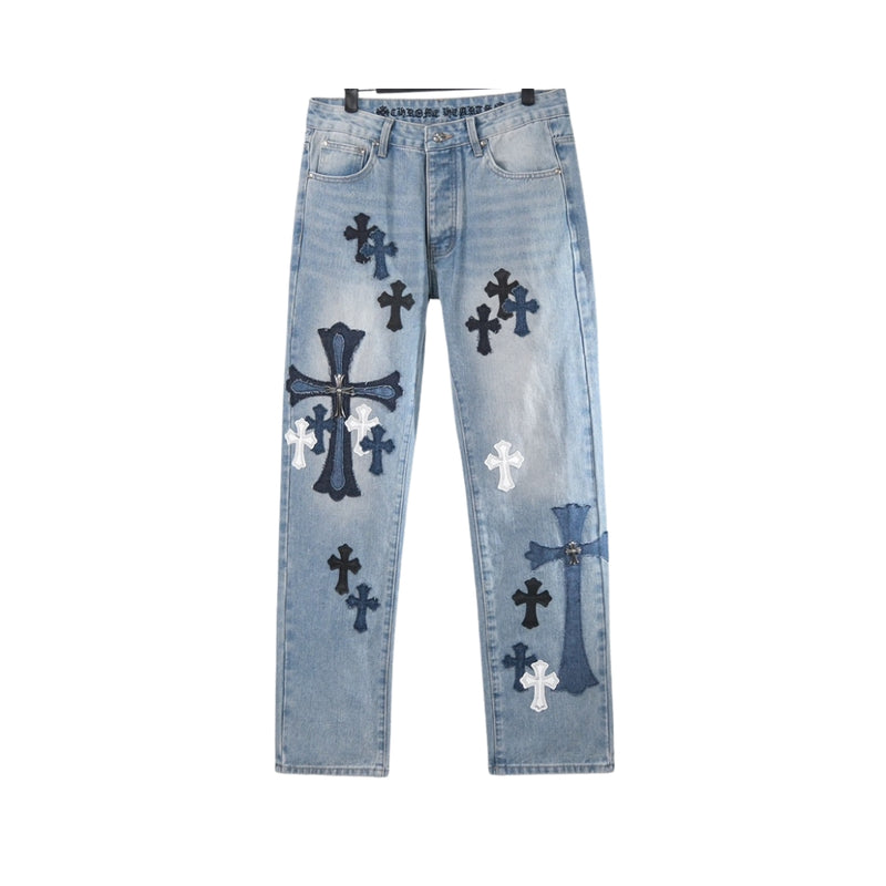 Chrome Hearts Blu Con Patchwork A Croce Multicolore