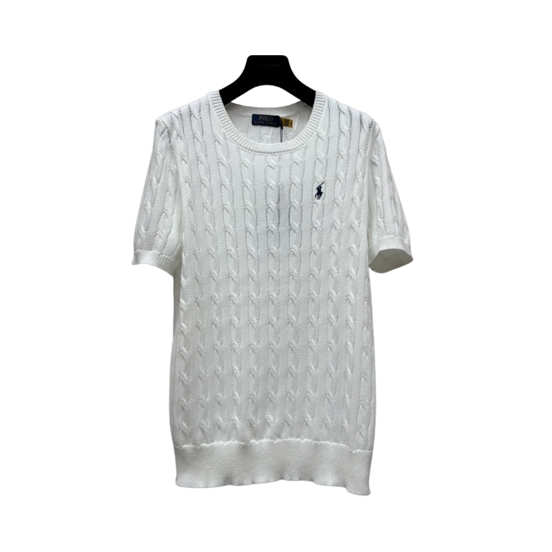 Ralph Lauren White Cotton Cable Knit Short Sleeve Top