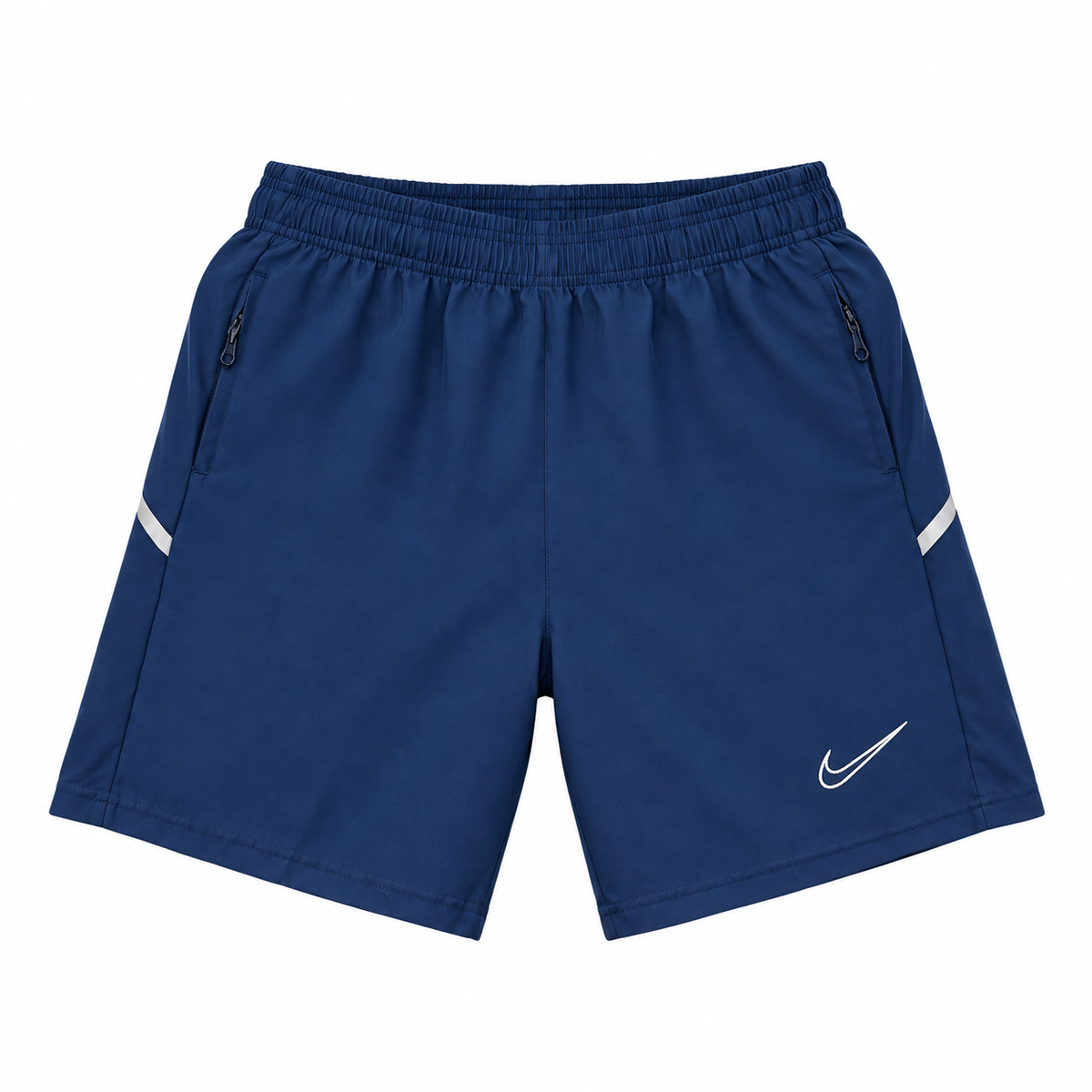 Nike navy shorts with reflective panels on white background