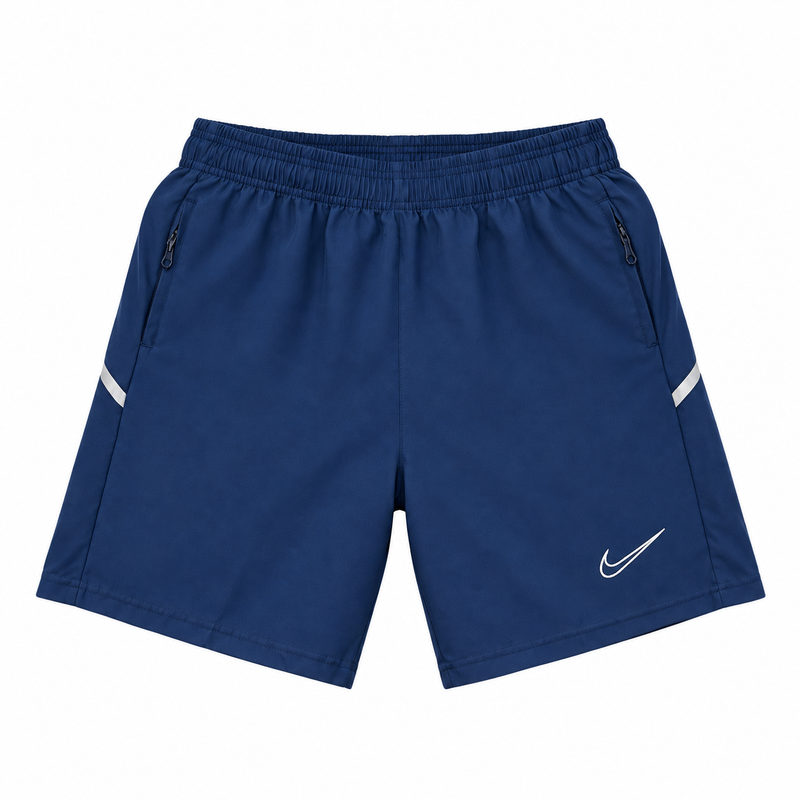 Nike navy shorts with reflective panels on white background