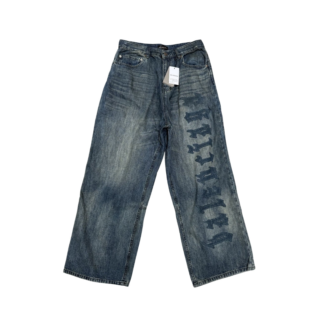 Balenciaga Denim Baggy Blu Con Scritta Gotica
