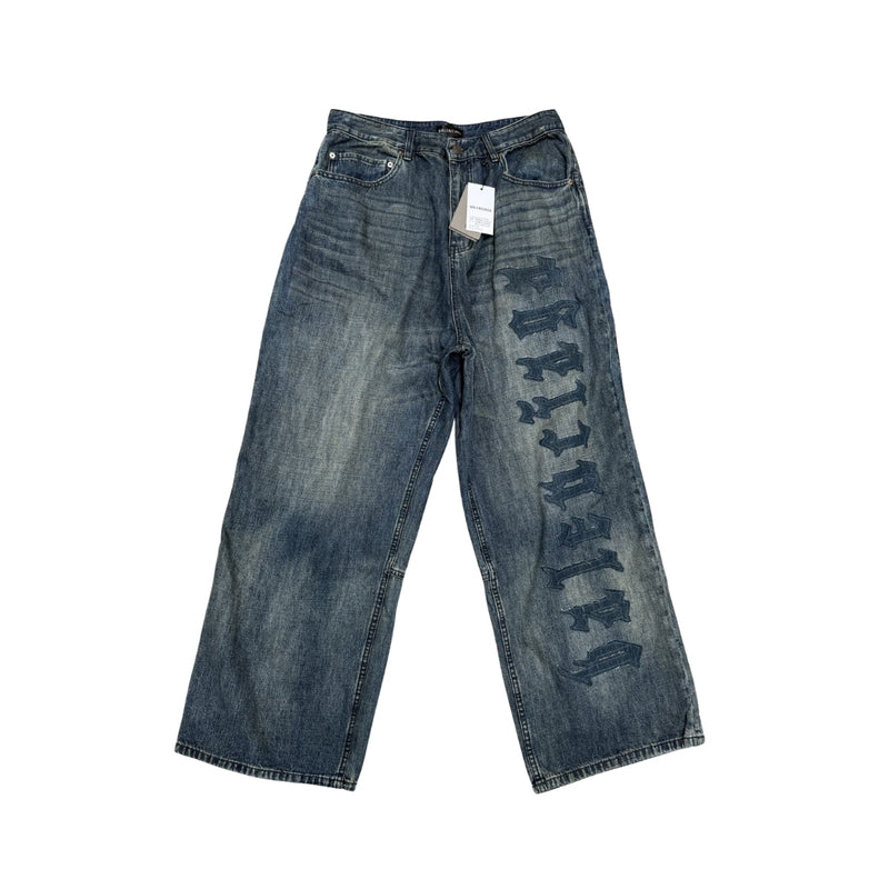 Balenciaga Denim Baggy Blu Con Scritta Gotica