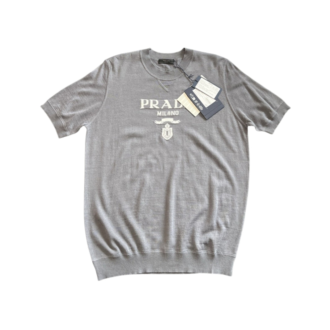 Prada Grey Embroidered Logo Knit T-Shirt