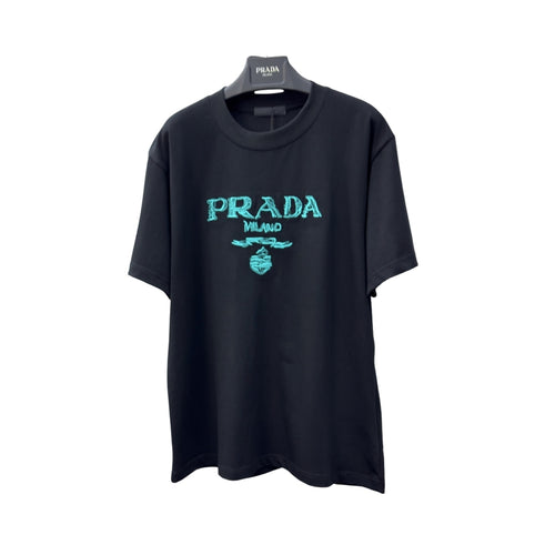 Prada Black Cotton Embroidered Logo T-Shirt