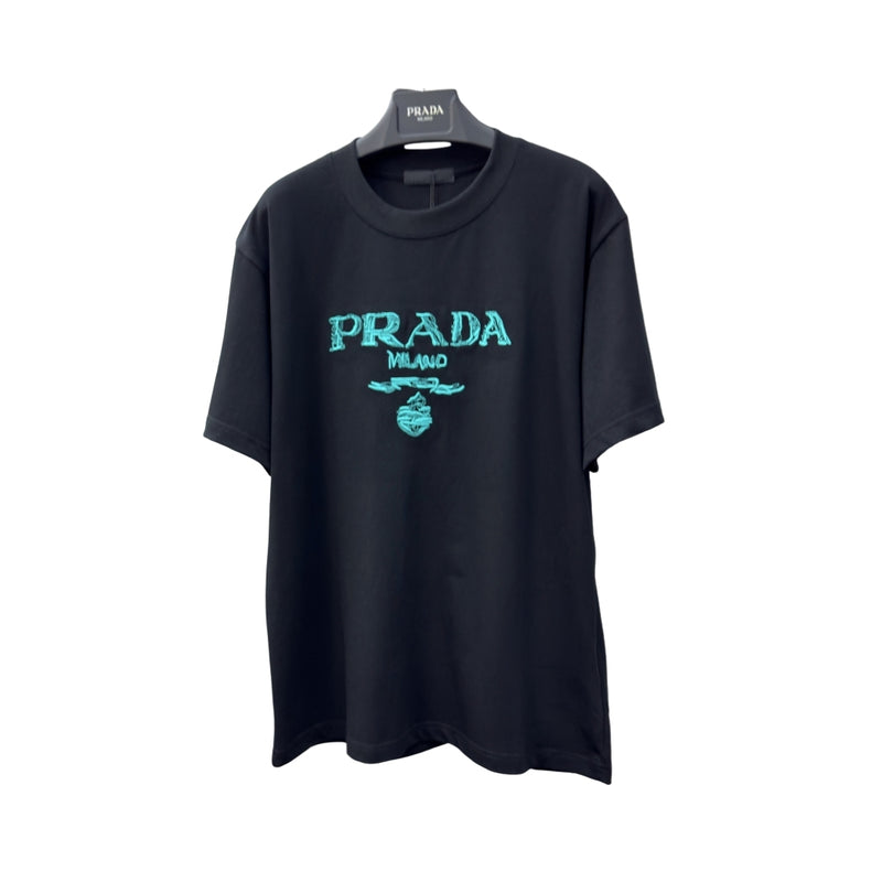 Prada Black Cotton Embroidered Logo T-Shirt