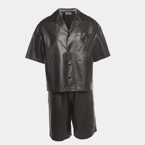 Prada Black Nappa Leather Shirt and Shorts Set