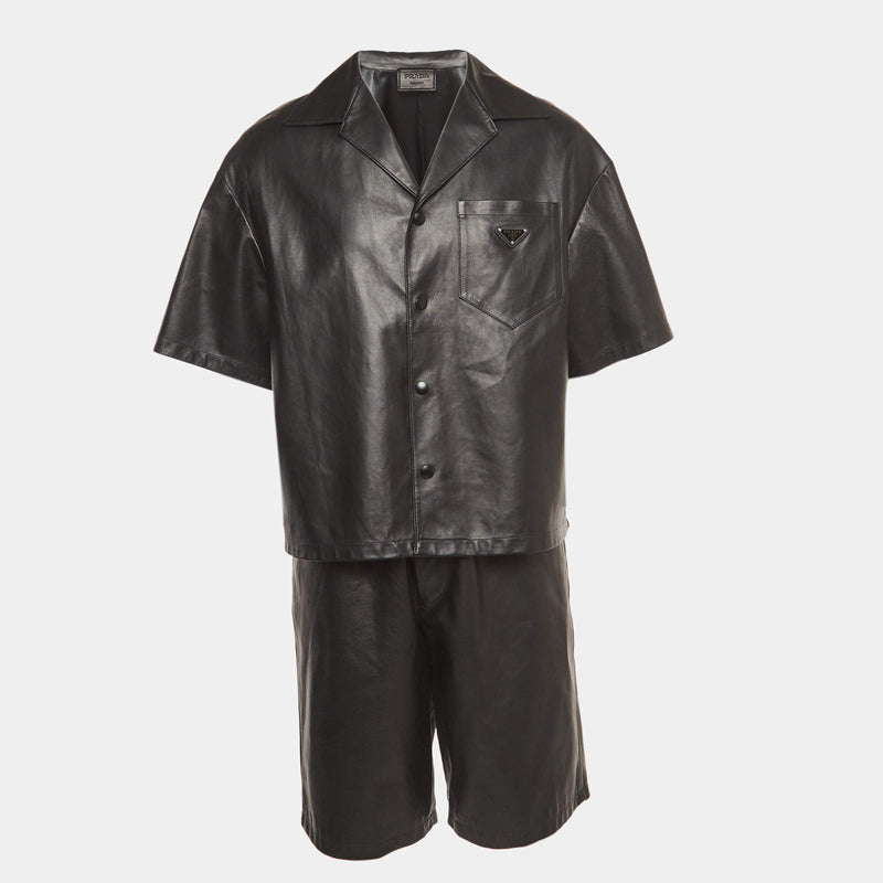 Prada Black Nappa Leather Shirt and Shorts Set