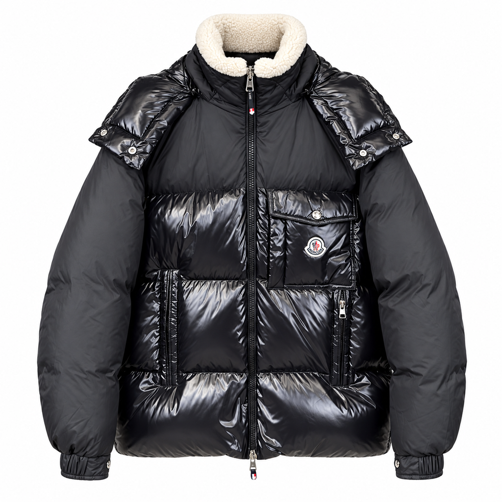 Black Moncler jacket with ivory collar – front