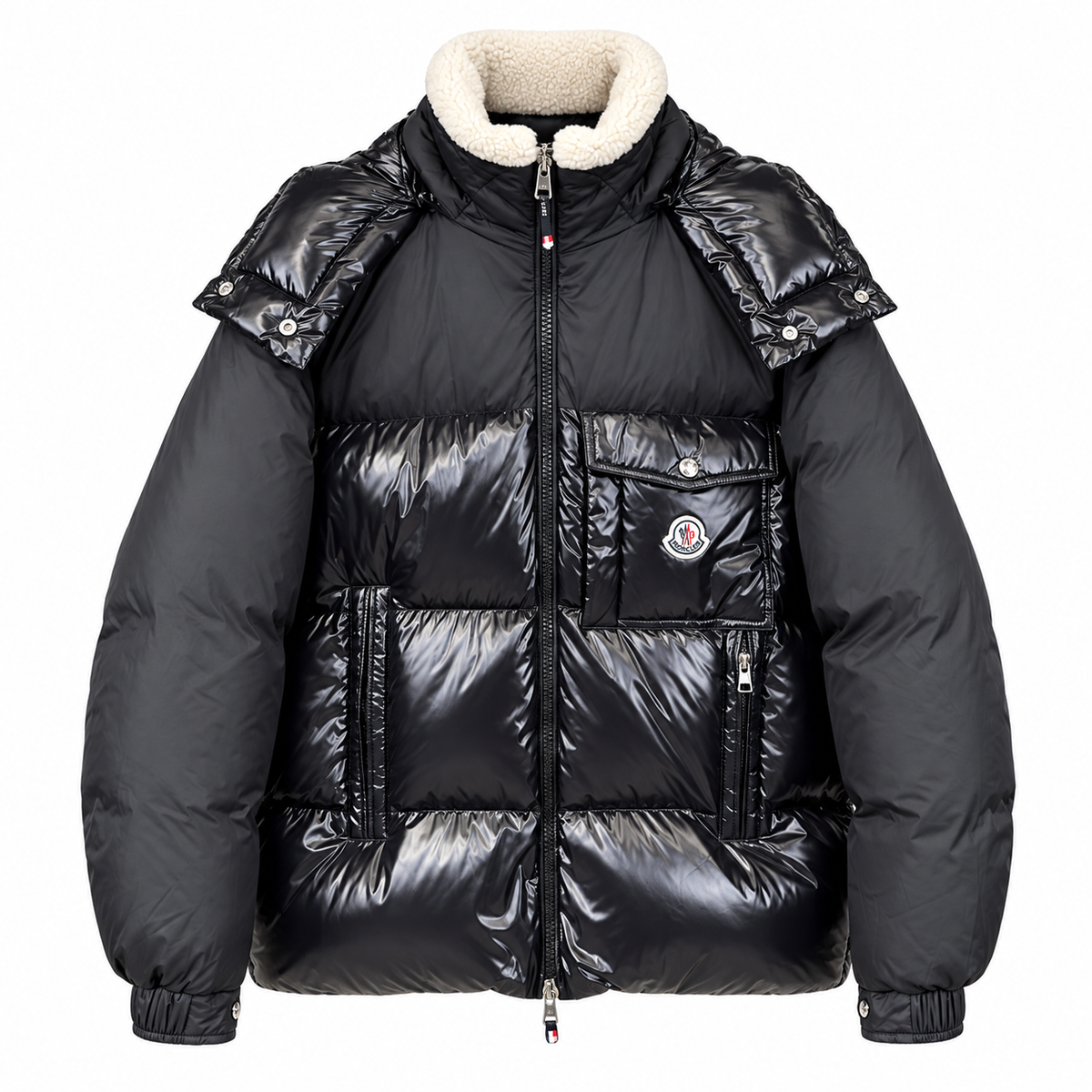 Black Moncler jacket with ivory collar – front
