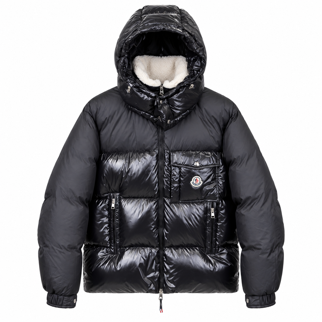 Black Moncler jacket with hood raised – front