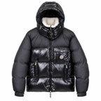 Black Moncler jacket with hood raised – front