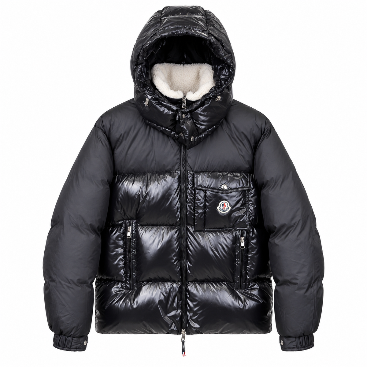 Black Moncler jacket with hood raised – front