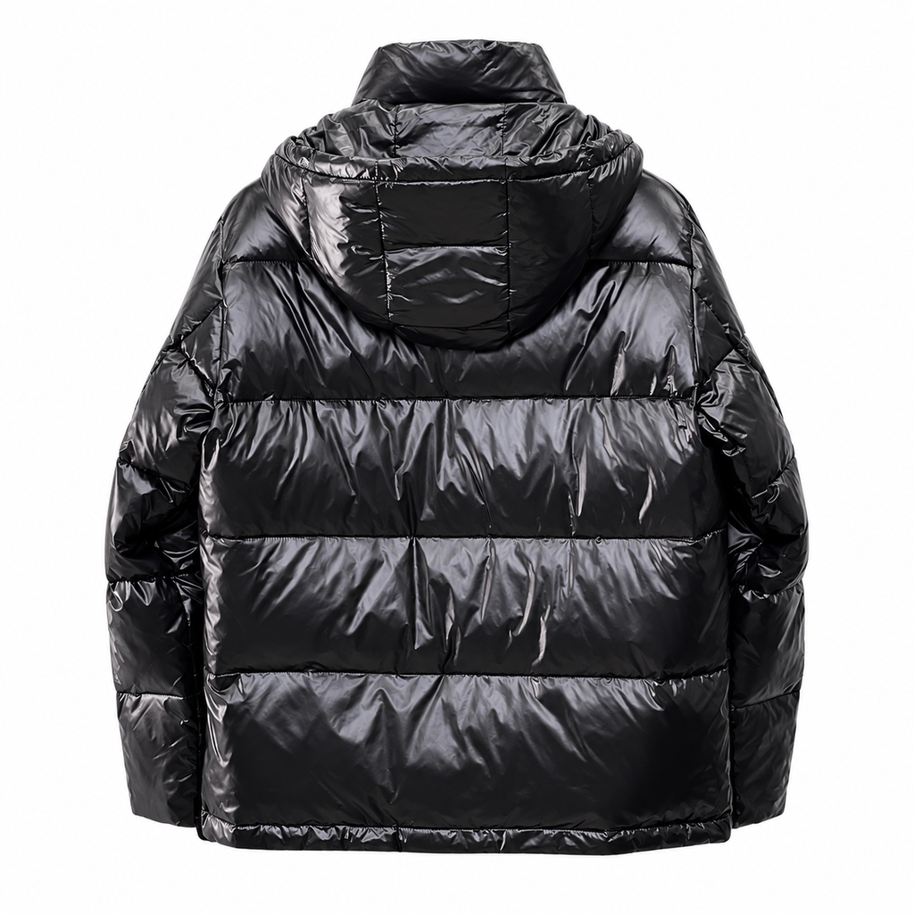 Black Moncler hooded puffer jacket – back view