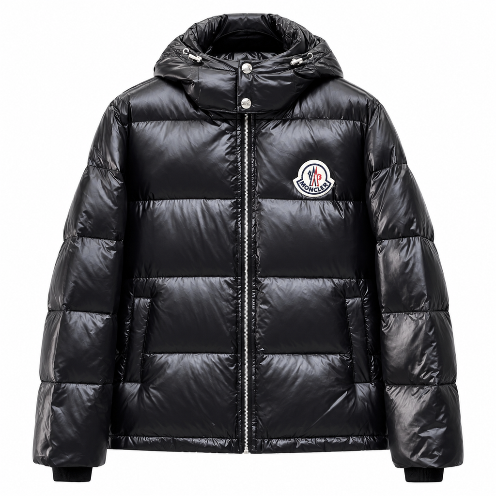 Black Moncler hooded puffer jacket – front view