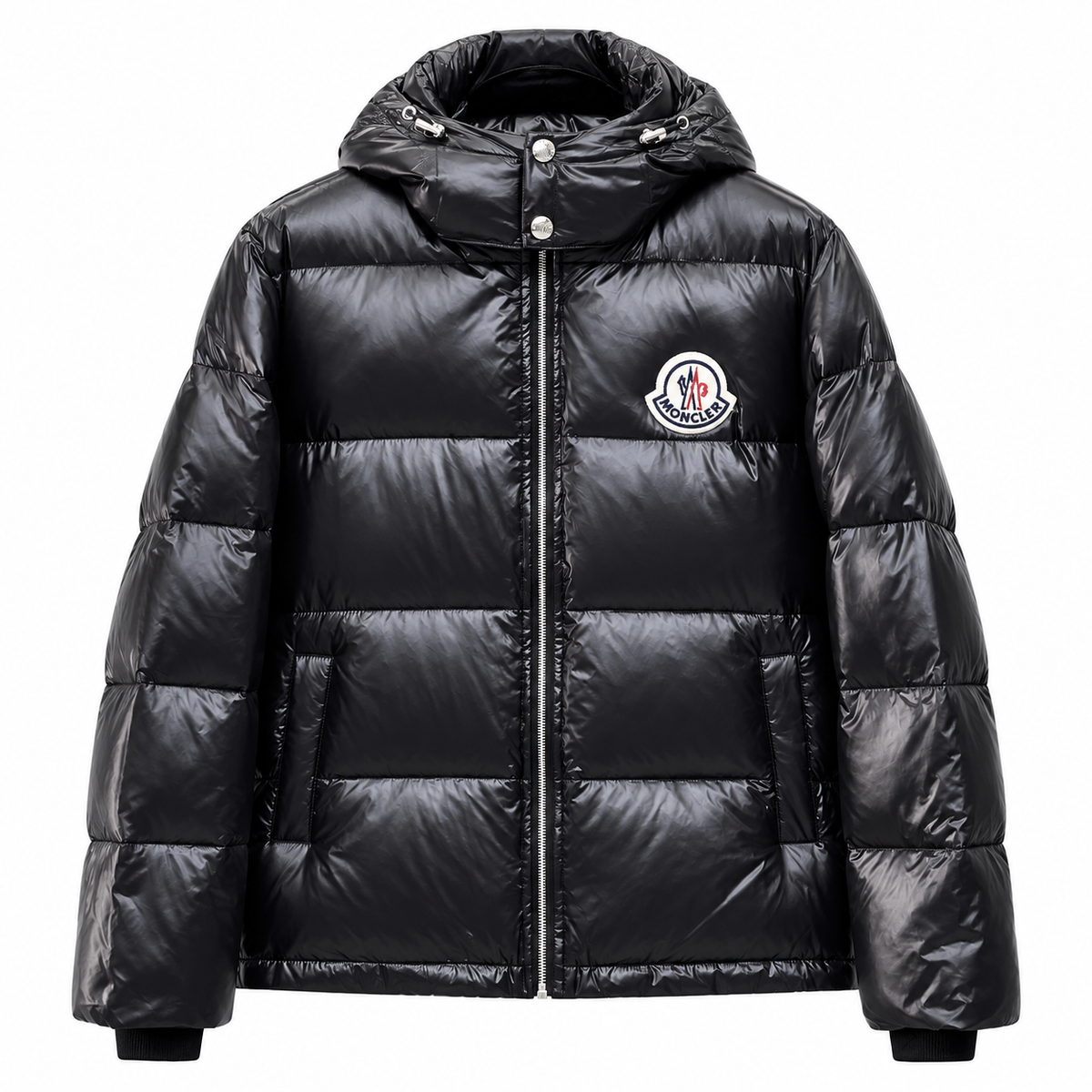 Black Moncler hooded puffer jacket – front view