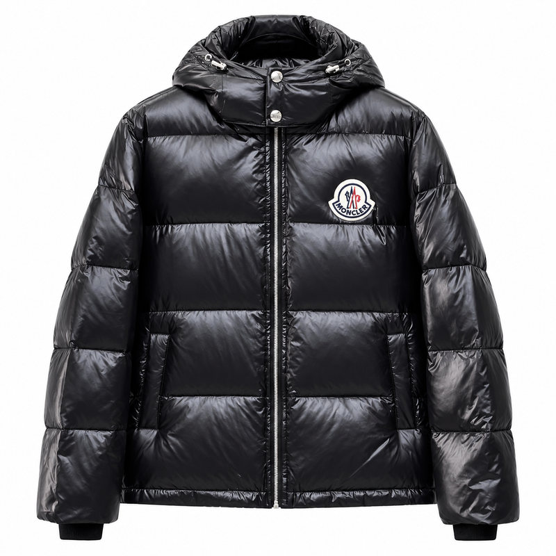 Black Moncler hooded puffer jacket – front view