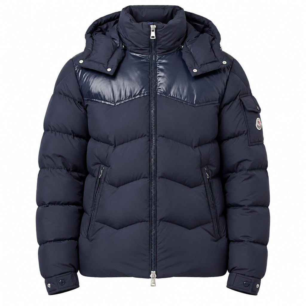 Chevron Panel Hooded Puffer - Navy Blue - Front