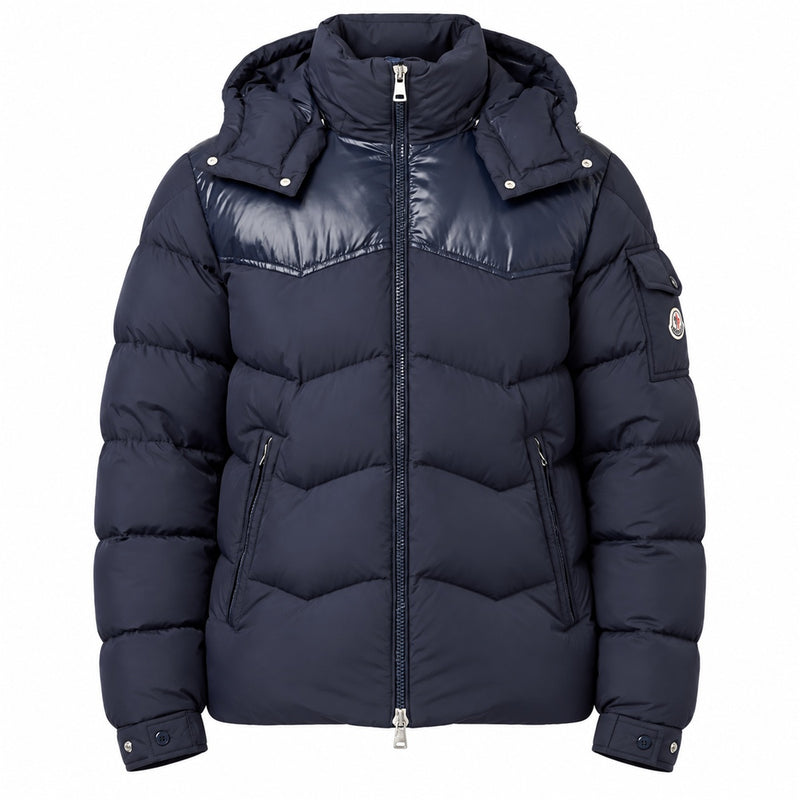 Chevron Panel Hooded Puffer - Navy Blue - Front