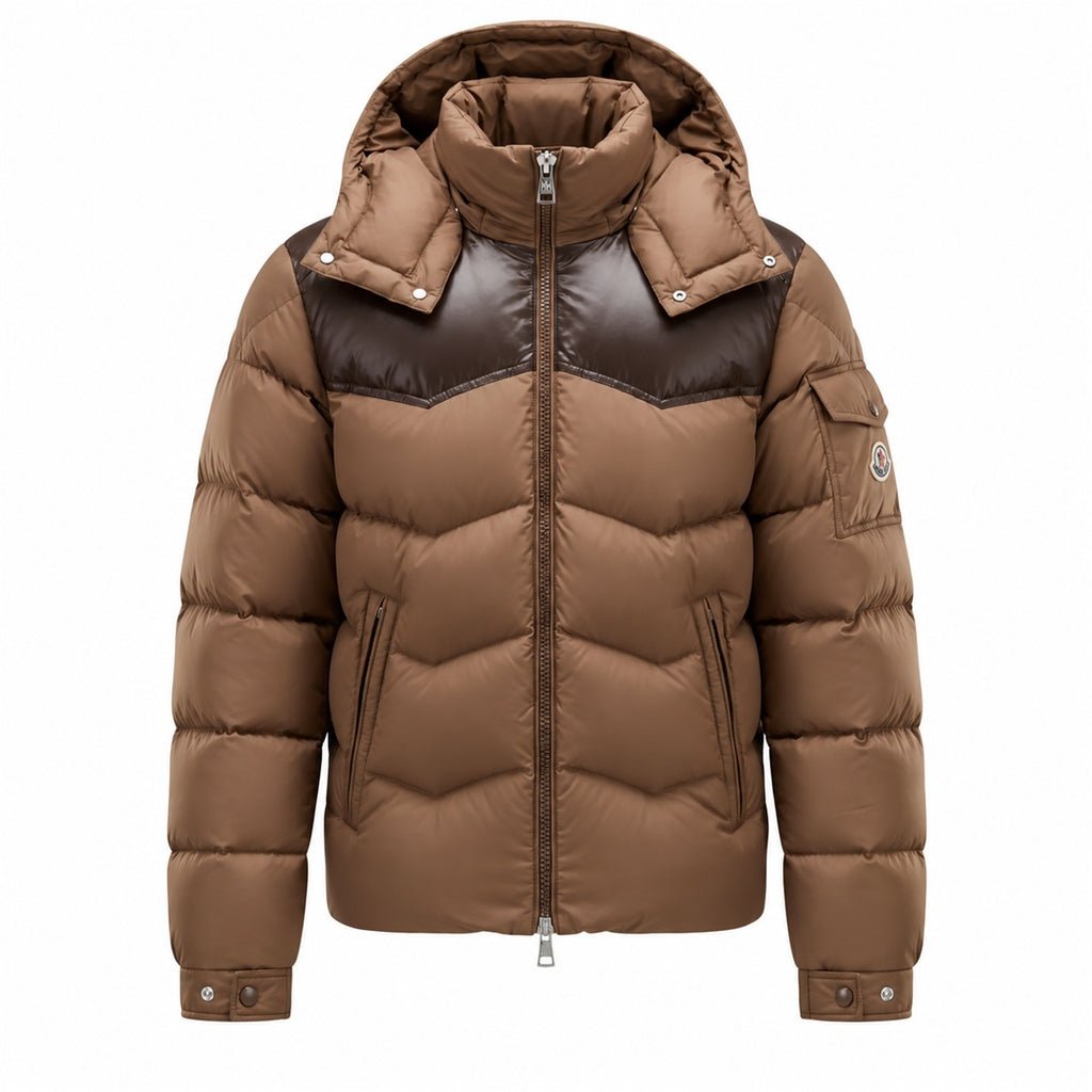Chevron Panel Hooded Puffer - Brown - Front