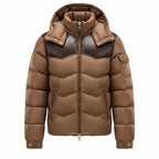 Chevron Panel Hooded Puffer - Brown - Front
