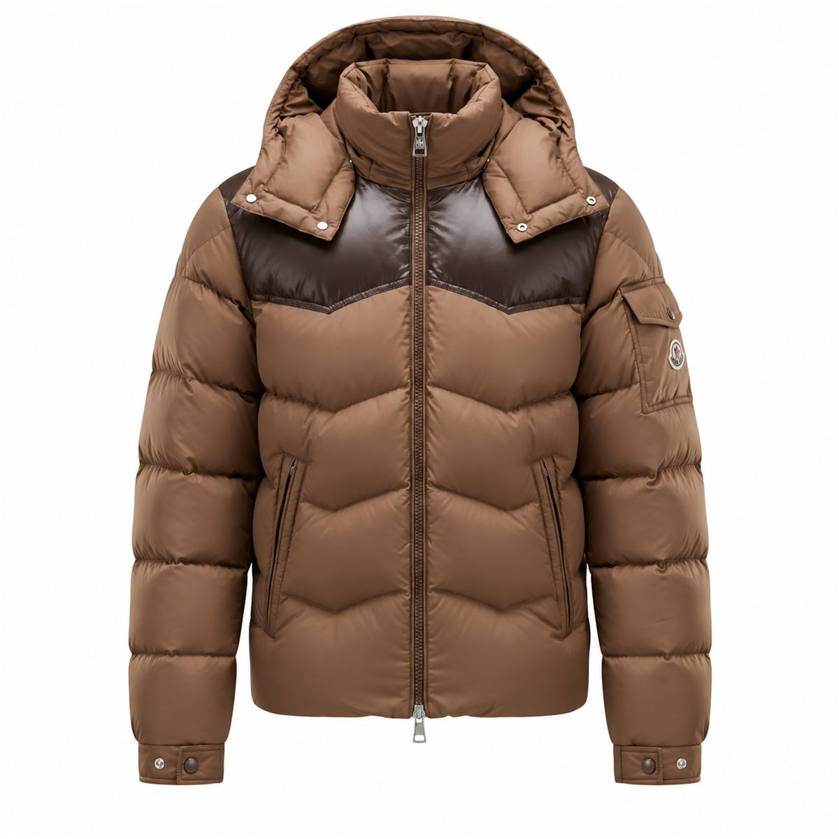 Chevron Panel Hooded Puffer - Brown - Front