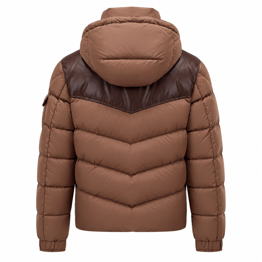 Chevron Panel Hooded Puffer - Brown - Back