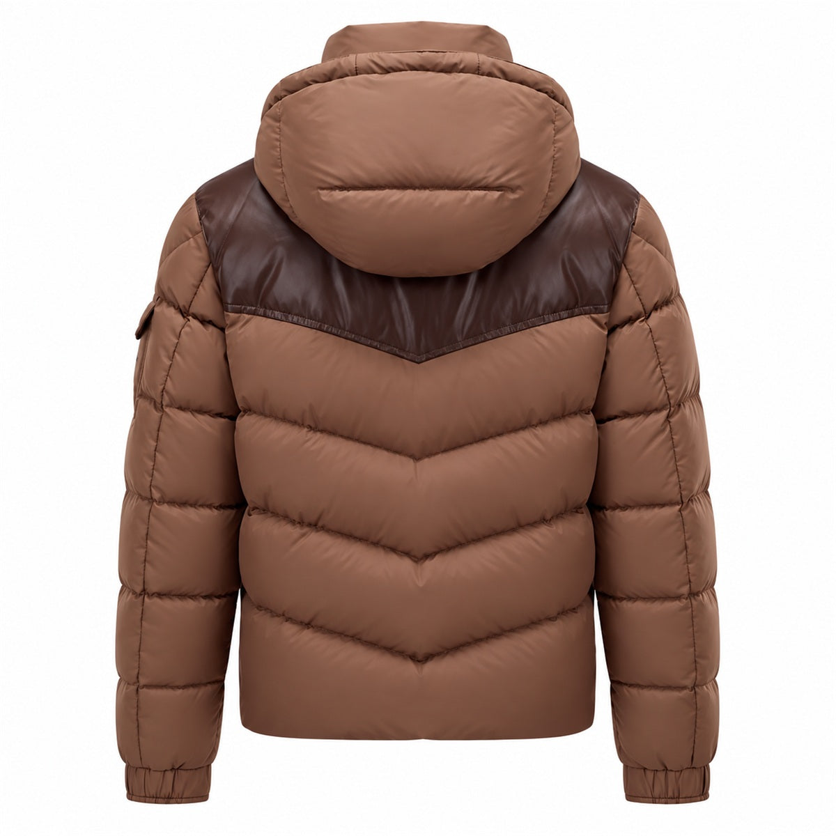 Chevron Panel Hooded Puffer - Brown - Back