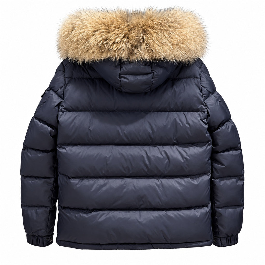 Moncler Fur-Trim Quilted Puffer - Navy Blue - Back