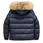 Moncler Fur-Trim Quilted Puffer - Navy Blue - Back